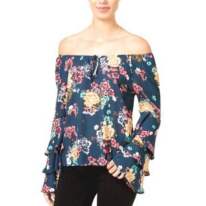 Lily Black NEW Floral Tiered Bell Sleeve Boho Blouse Teal Womens XL NWT Hippie